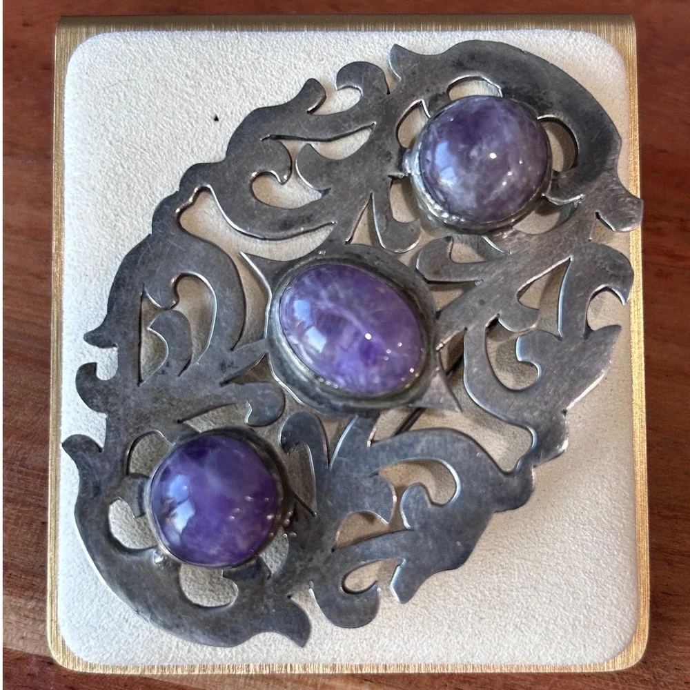Vintage Sterling Silver Amethyst Cabochon Scrollwork Brooch Pin Hallmarked 38.7g